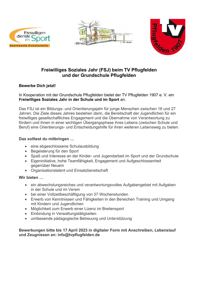 Stellenauschreibung FSJ TV Pflugfelden 2023
